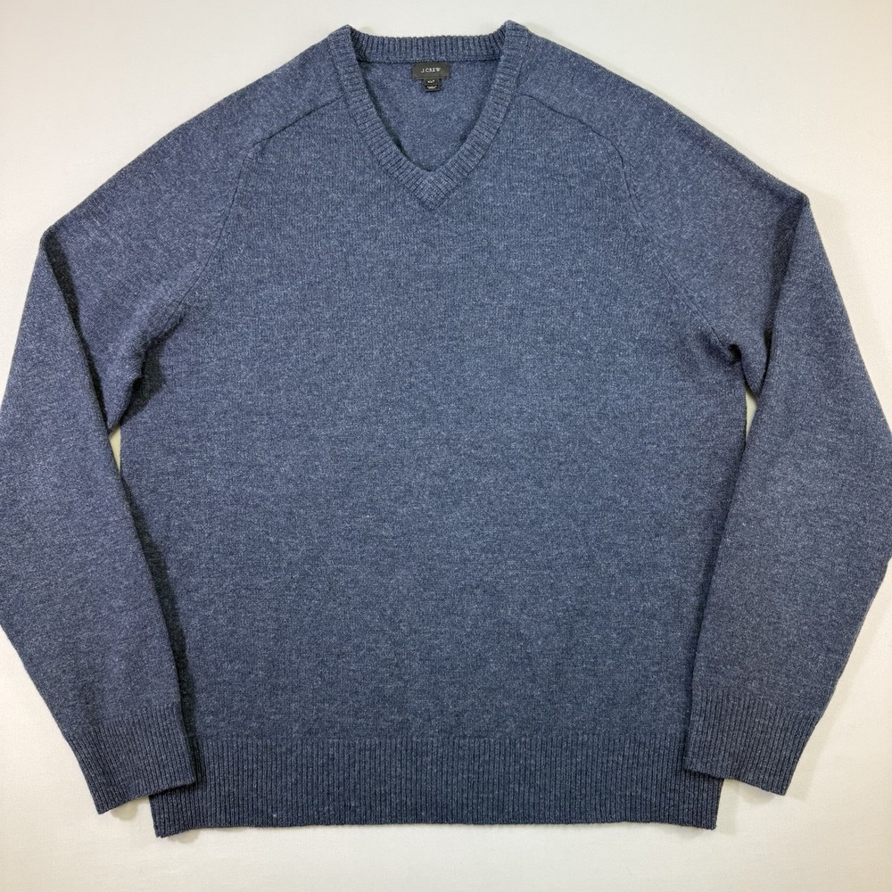 J. Crew Sweater Mens XLT 100% Lambswool V Neck Heather Blue Raglan Sleeve Preppy